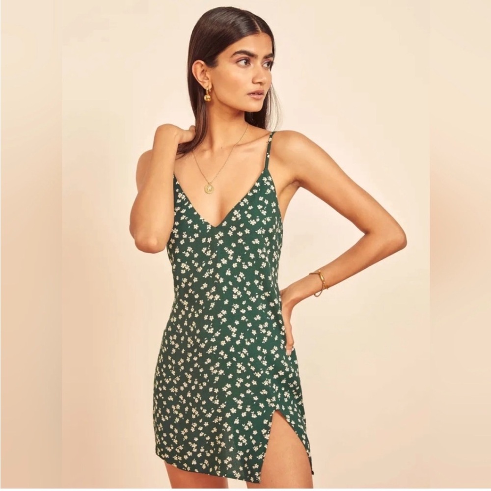 Reformation Marlowe Green Floral Slip Dress with Side Slit